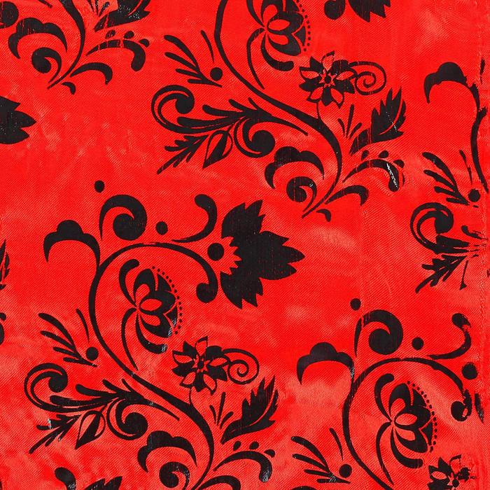 Ткань атлас красный с черным цветочным узором